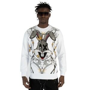 Left Point White Bugs Bunny Crystal Embellished Graphic Sweatshirt Crew Neck